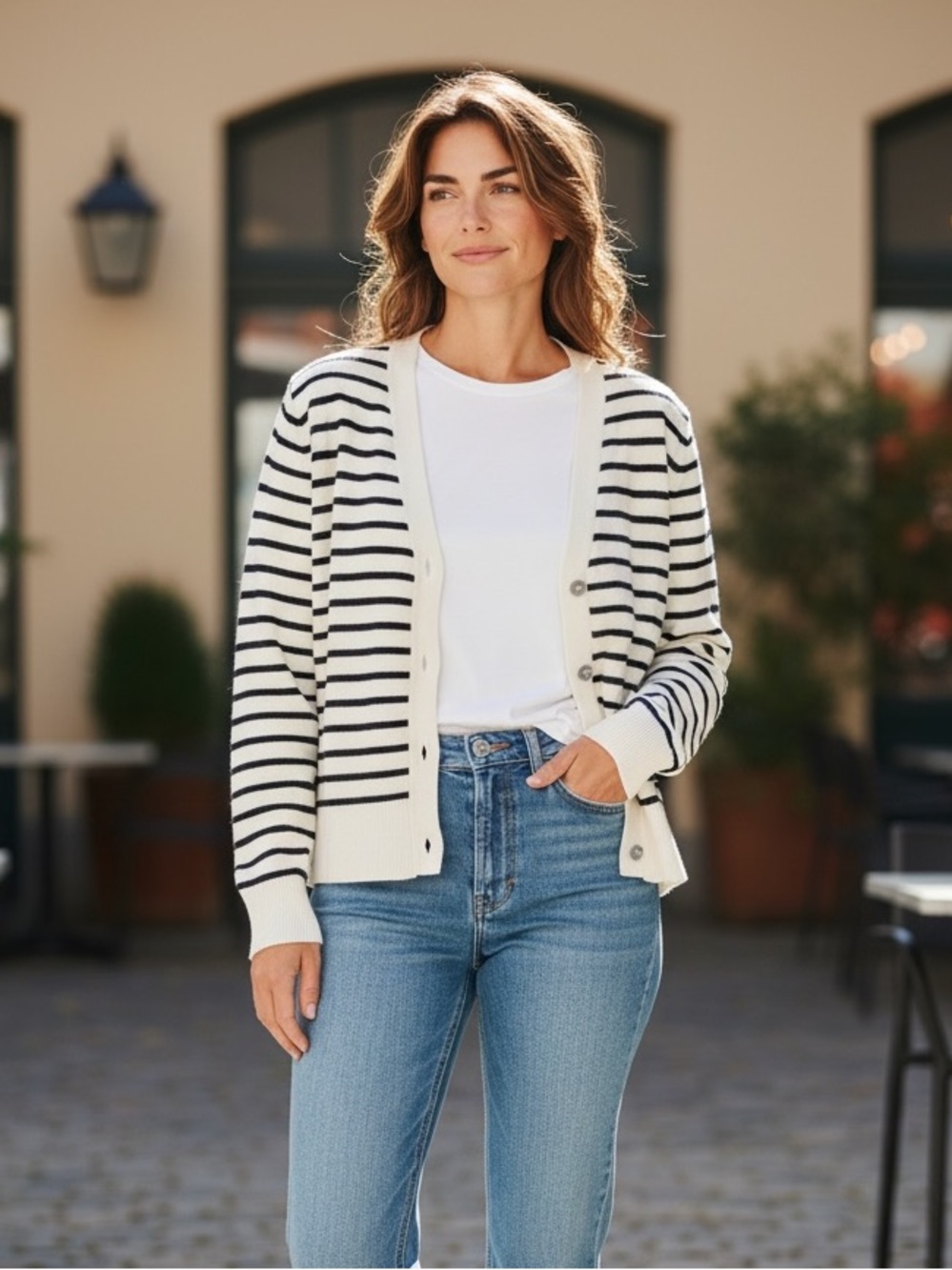 Zara Striped V-Neck Button Cardigan Sweater - Cream/Black